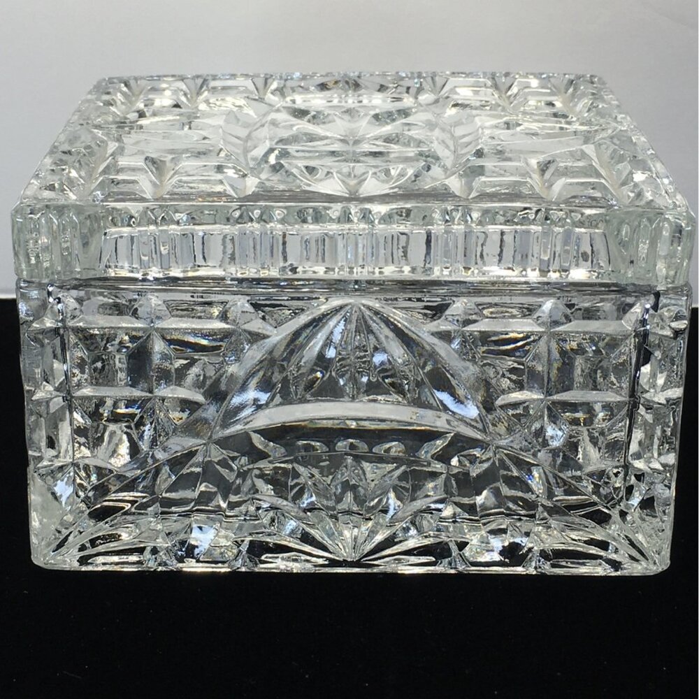 Vintage Pressed Cut Glass Square Vanity Trinket Jewelry Box with Lid